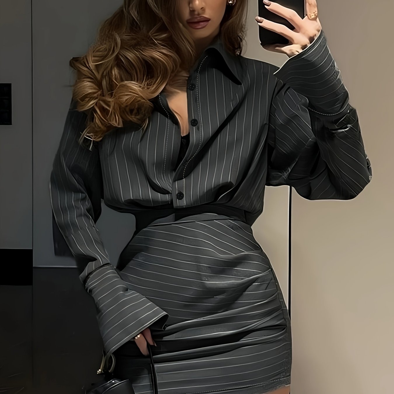 Elegantes Damen-Streifen-Shirt mit passendem Rock, 2-teiliges Outfit