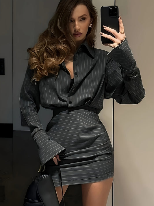 Elegantes Damen-Streifen-Shirt mit passendem Rock, 2-teiliges Outfit